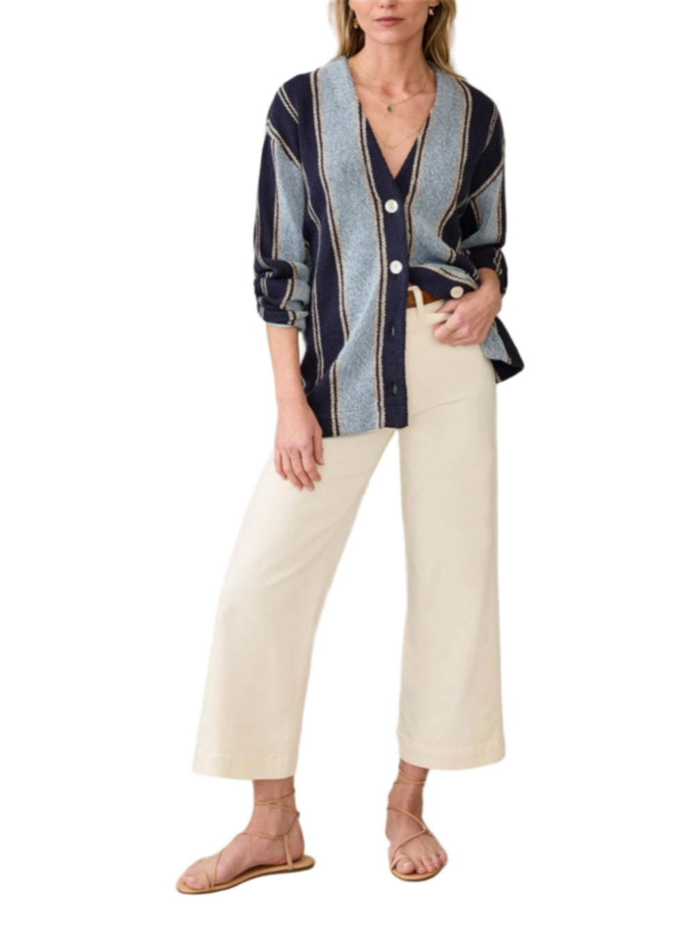Faherty Dockside Cardigan Womens XS/S Blue Stripe Organic Cotton Coastal Sweater